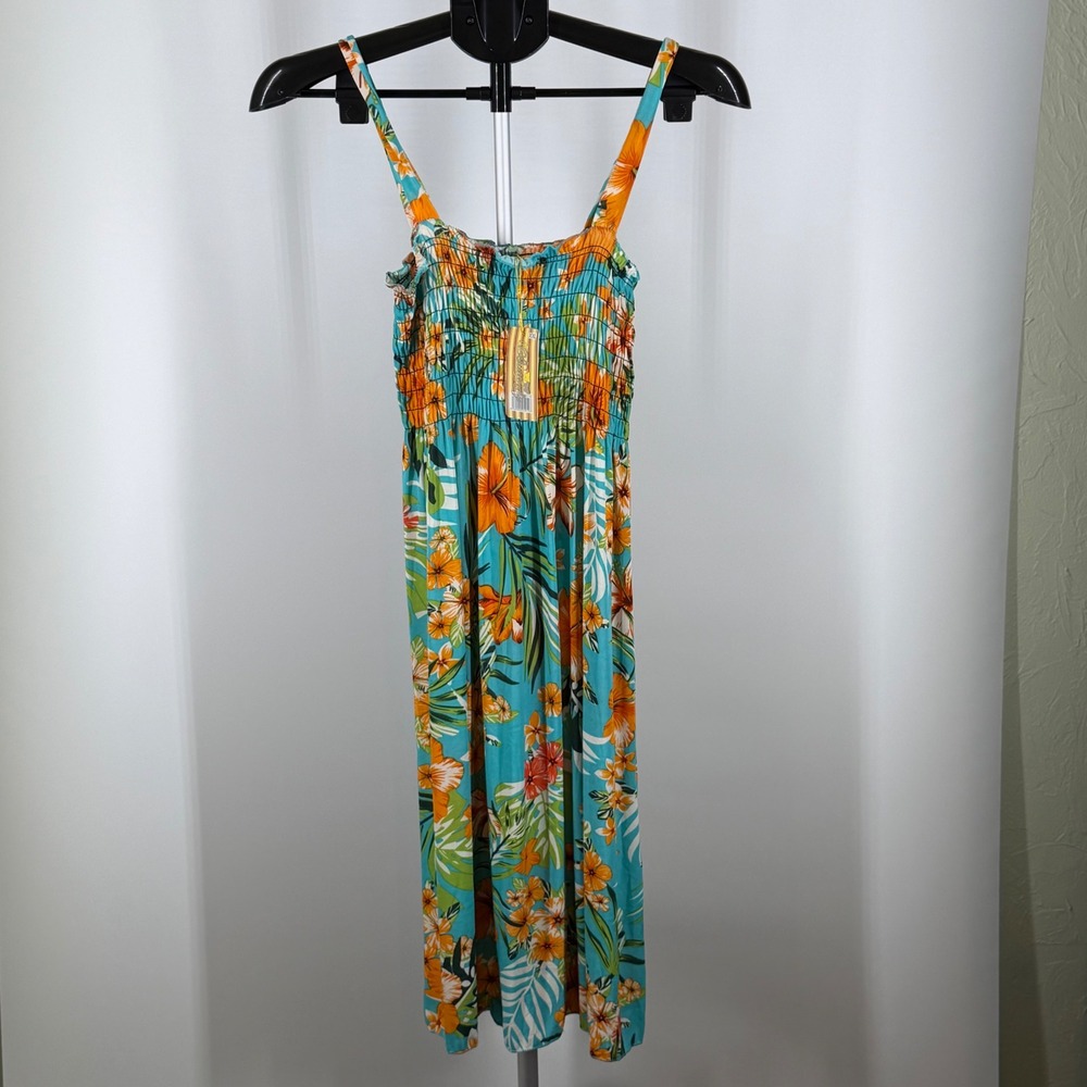 B-Wear‎ Tropical Floral Smocked Maxi Dress XXL Turquoise Orange Hibiscus NWT